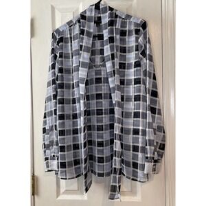 Ann Taylor Sheer Blouse Small Blue Plaid Tie Neck Long Sleeve Office Workwear